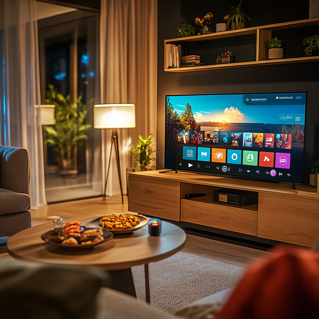 A modern living room with a smart TV displaying a colorful streaming interface, a streaming stick and a bowl of snacks on a coffee table in the foreground, surrounded by cozy furniture and warm lighting.