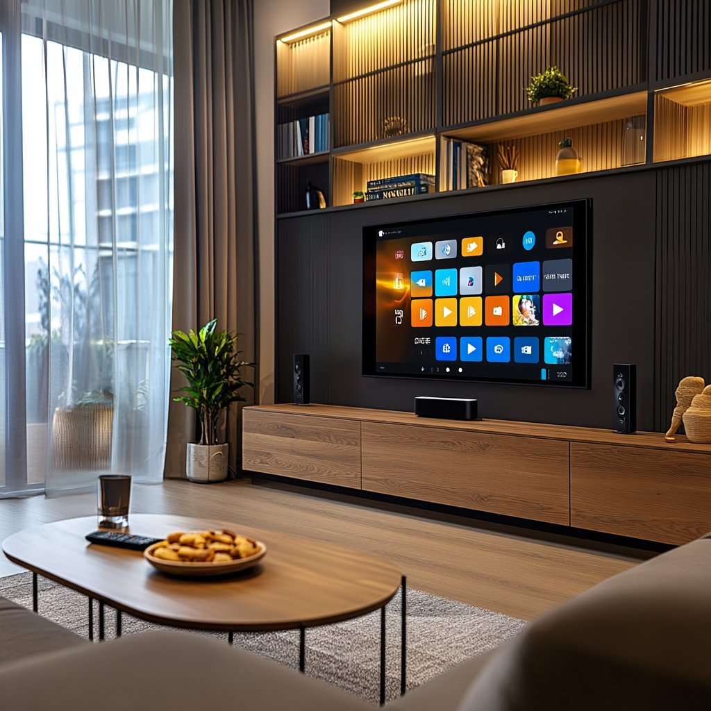 A modern living room with a smart TV displaying a colorful streaming interface, a streaming stick and a bowl of snacks on a coffee table in the foreground, surrounded by cozy furniture and warm lighting.